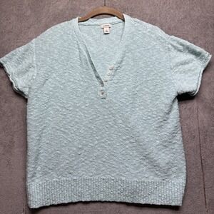 L.L.Bean Women's Aqua Textured Cotton‎ Short Sleeve Sweater Top Large Coastal